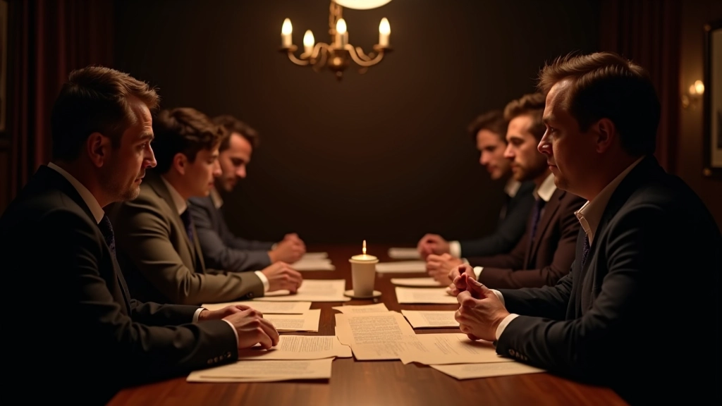 Group of adults gathered around a table during an interactive mystery game evening, focused expressions as they analyze clues and discuss theories