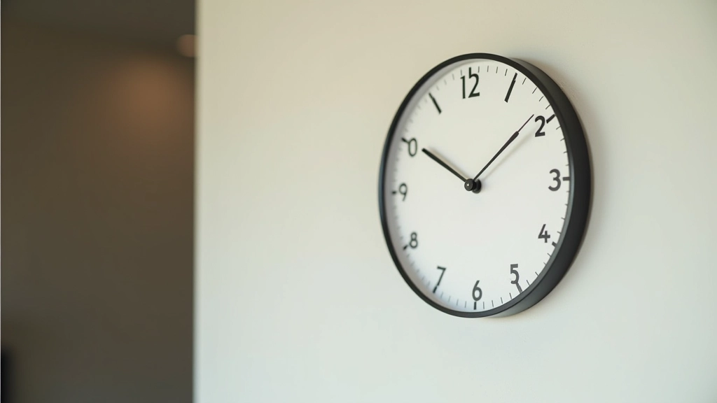 Wall clock showing approximately 8 o'clock position, visible time marker, professional setting with soft focus background suggesting a room or event space