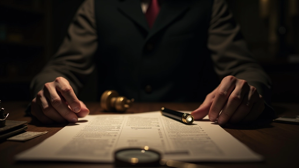 Dimly lit detective office with case files, magnifying glass, and mysterious documents spread across wooden desk