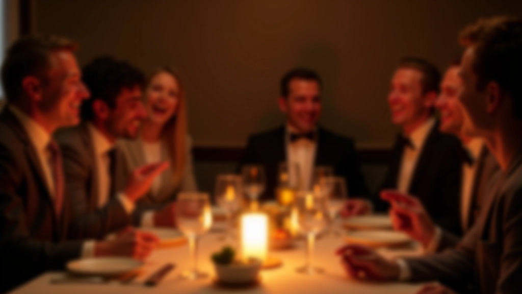 Celebratory moment at dinner table with guests laughing and talking, wine glasses raised, candlelight reflecting on happy faces after mystery dinner reveal
