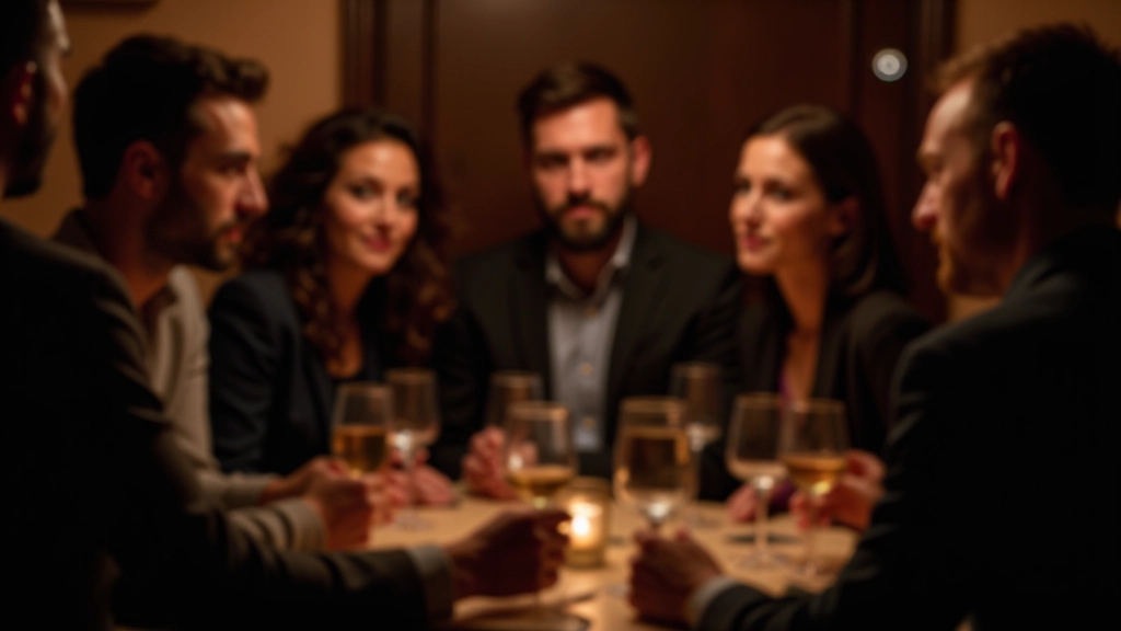 Small group of people sitting in a circle, engaged in conversation with serious expressions and body language suggesting active participation in a mystery scenario