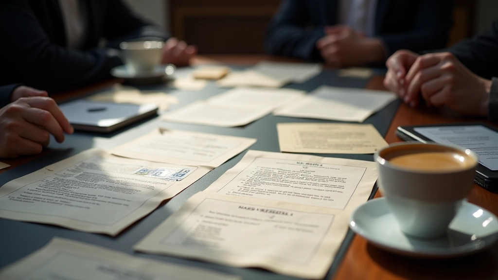 Behind-the-scenes photograph of event organizers planning a detective mystery game scenario with script notes, character cards, and game materials spread on a work table