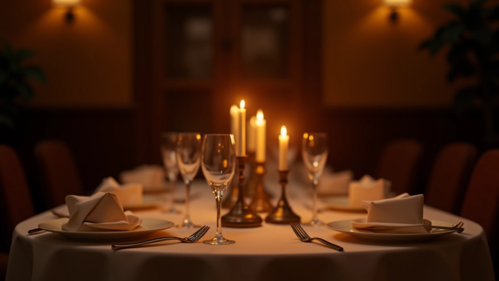 Elegant dinner table set with place cards, mystery envelopes at each seat, and candlelit atmosphere ready for whodunit party