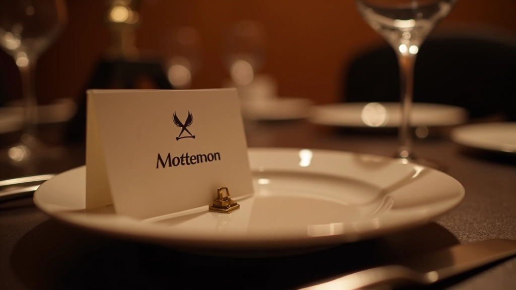 Elegant place card with handwritten name and small mystery clue symbol, positioned above a formal dinner plate setting with multiple forks and glasses