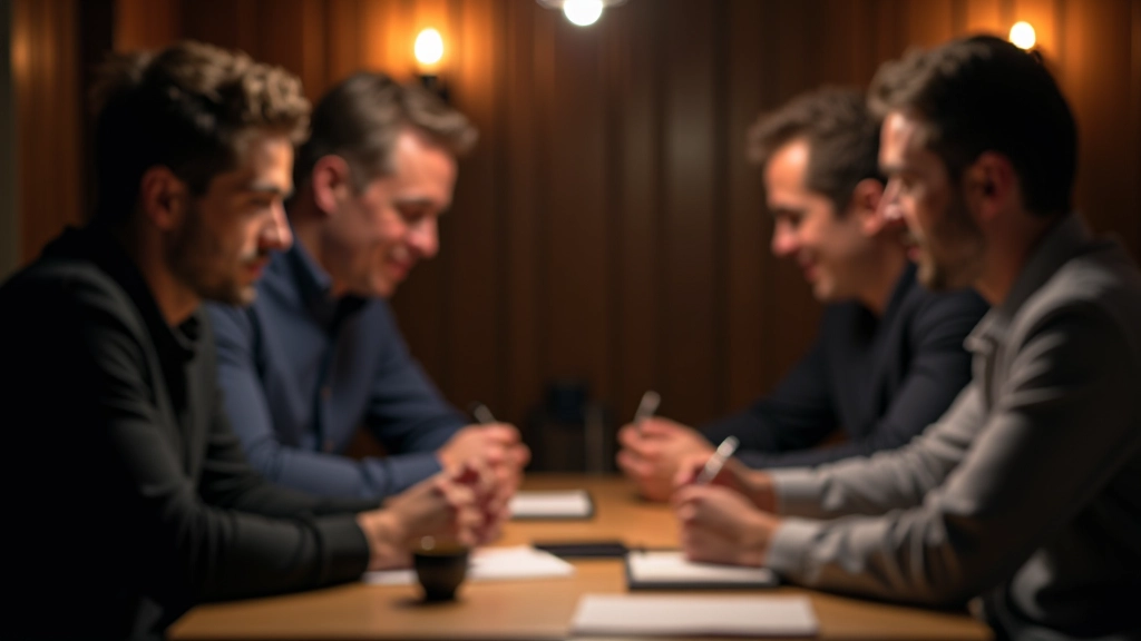 Four adults sitting around a table in casual conversation, one writing notes, warm ambient lighting in background