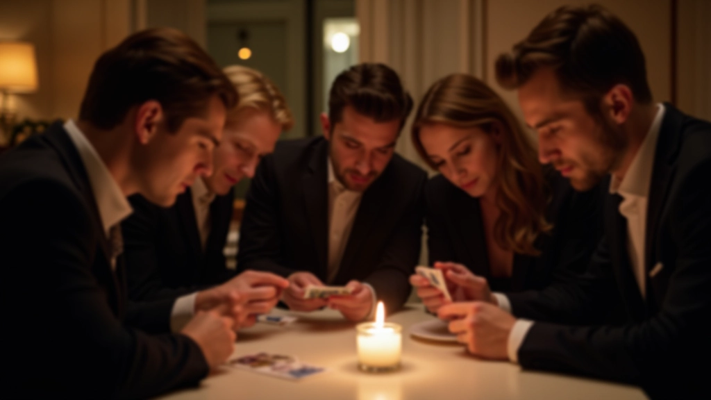 Group of mature adults gathered around a mystery game table, examining clue cards and conspiracy boards with serious expressions