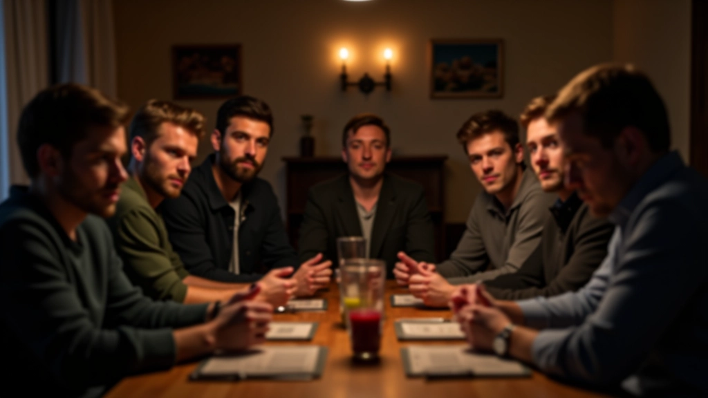 Group of adults sitting around a table in casual attire, engaged in conversation with serious expressions, warm indoor lighting