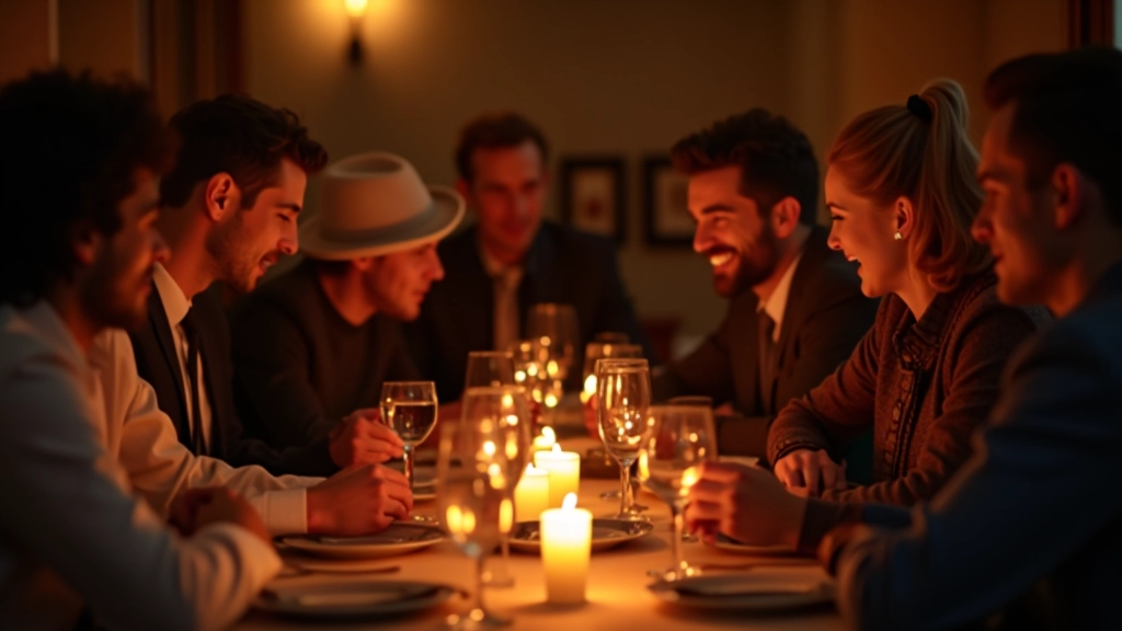 Photograph of participants engaged in an active mafia game round with intense expressions, hands in voting gestures, showing genuine engagement and excitement during mystery event