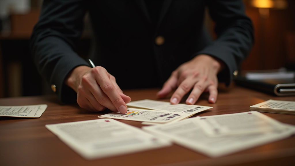 Hands holding printed character cards and notes spread on wooden table with pen, suggesting event preparation and planning materials
