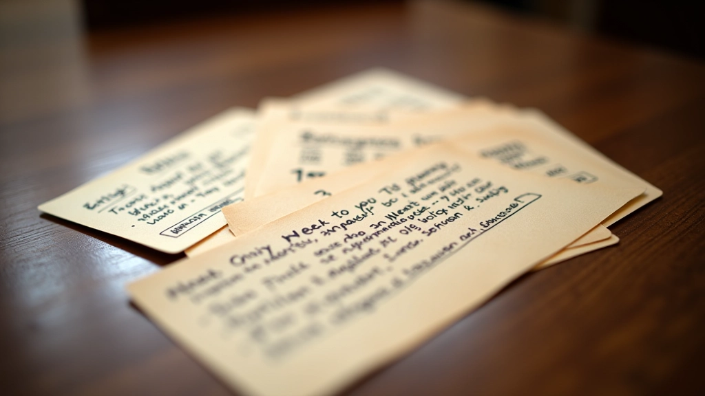 Handwritten role assignments on individual cards spread out to show different character descriptions and game instructions