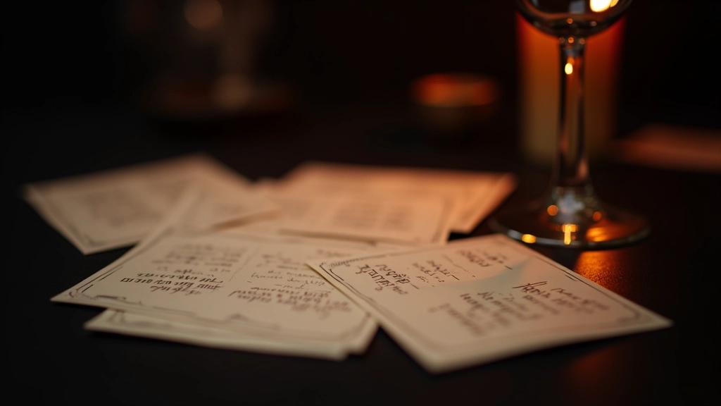 Multiple handwritten clue cards spread on dark table surface with wine glass and candlelight, mysterious detective-style notes with cryptic messages