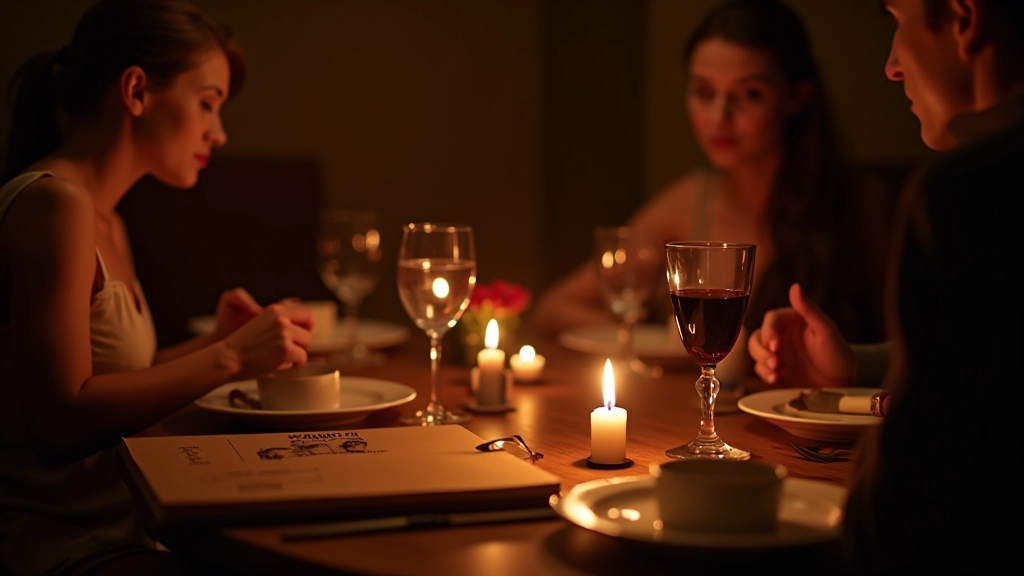 Professional photograph of an intimate dinner setting with candlelit table and mystery game props arranged for detective-themed entertainment event