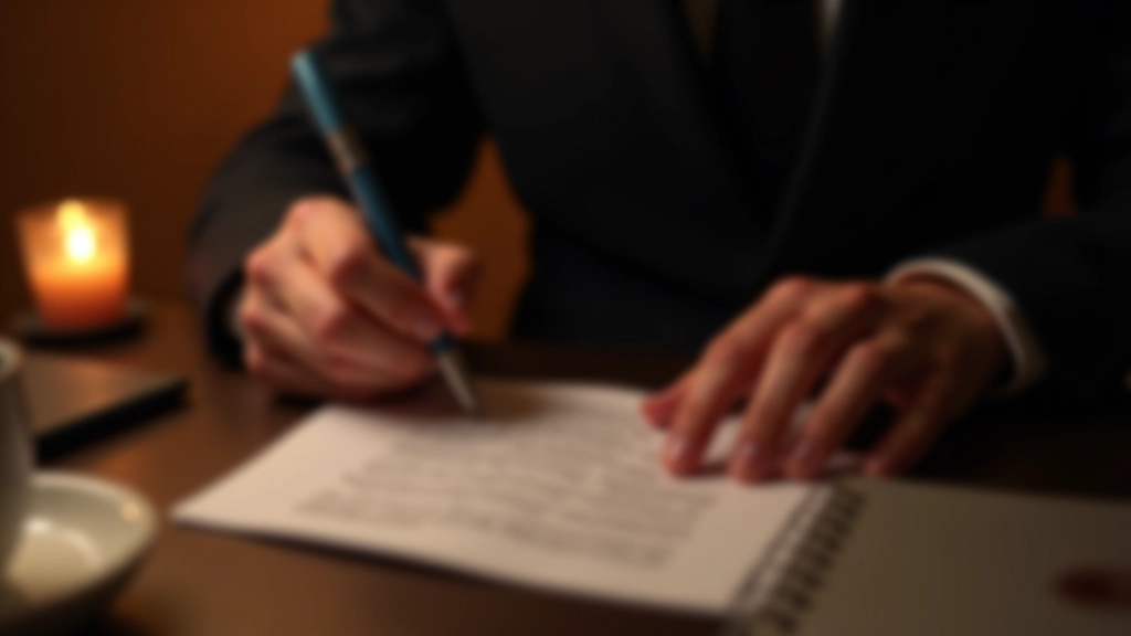 Close-up of hands writing answers on a quiz card with concentration, candlelit atmosphere