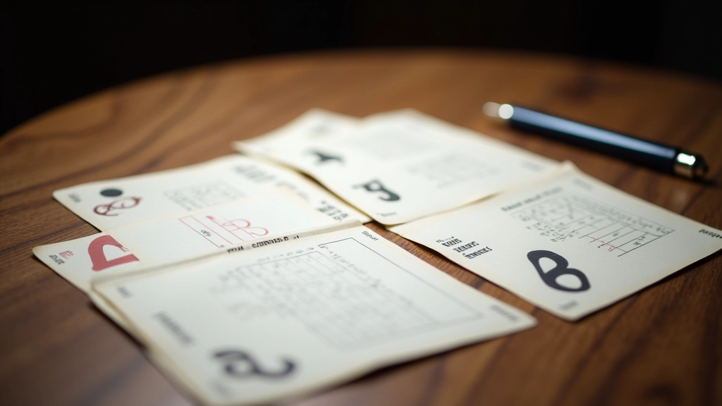 Wooden table with scattered quiz cards arranged in three piles showing difficulty progression from simple to complex