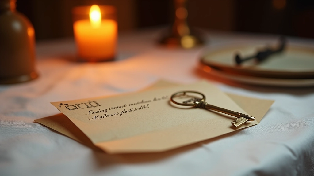 Close-up of a mystery envelope with handwritten clue card and ornate vintage key placed on elegant white linen tablecloth