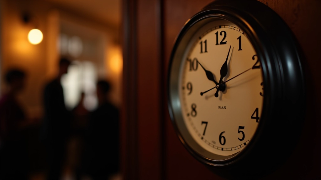 Clock face showing time with people gathered around looking at it, evening atmosphere
